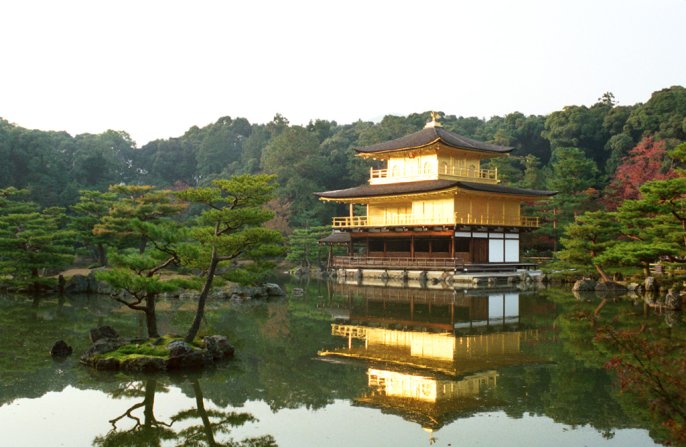 Golden Temple, over a calm lake.