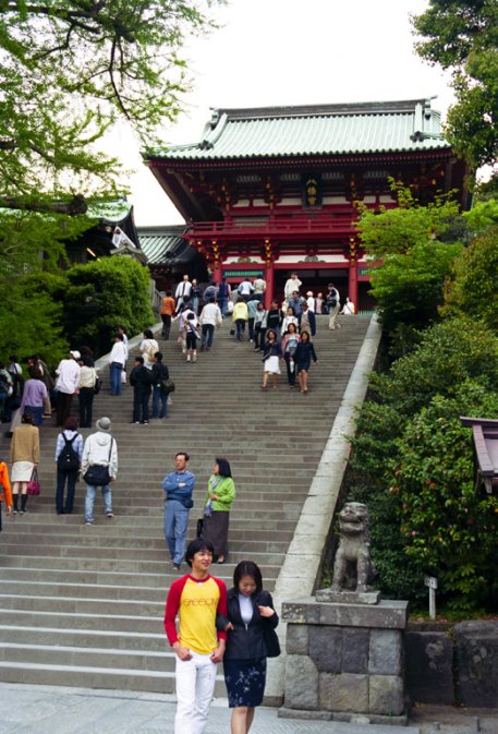 People on a stairs to a temple, with oracles, in a big temple place, near Kamakura station, I don't remember the name...