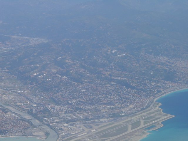 The Nice airport and a view on the Fabron district, the Var and some hills surrouding Nice.