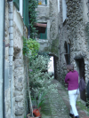 Another small street with green plants in front of houses. Isolabona, Italy.