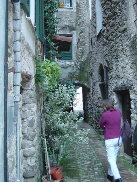 Another small street with green plants in front of houses. Isolabona, Italy.