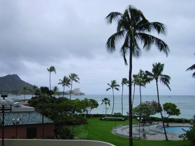 Vue de diamond head et de la plage, depuis l'hotel de la conference. Waikiki, Honolulu, Hawaii, USA.