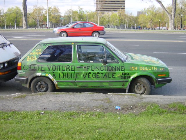 Voiture ecologique, commencant sa bio-degradation, en bas du Mont Royal. Montreal, Quebec, Canada.